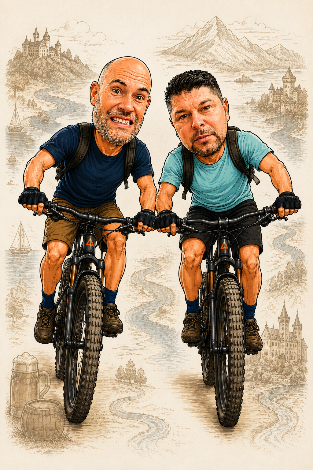 Die beiden RadZipfel-Freunde als Karikatur auf ihrem eMTB